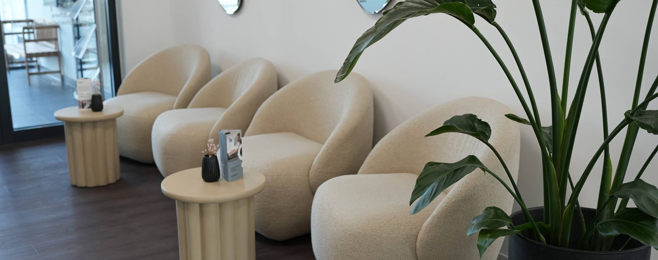 Stilvoller Empfangsbereich mit beigen Stühlen und Pflanze – einladende Atmosphäre bei Fitness Allendorf Lumda.